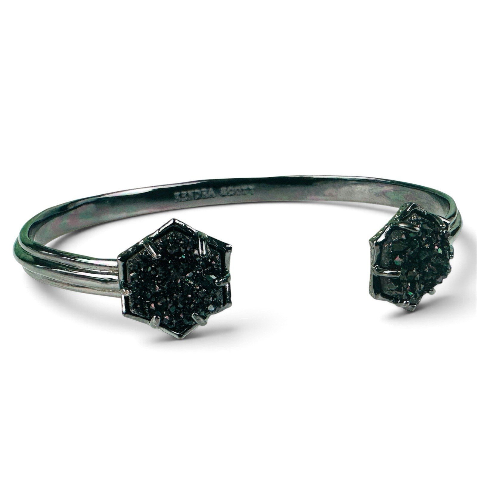 Retired Kendra Scott Arden Black Drusy Quartz Cuff Bracelet Gunmetal Signed 2015