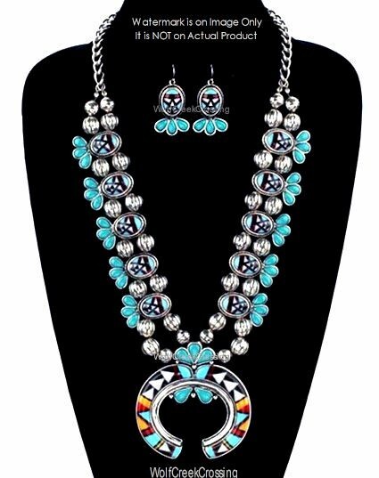 NAVAJO SUNRISE NECKLACE EARRINGS JEWELRY SET NAJA MOSAIC CRESCENT MOON FREE SHIP