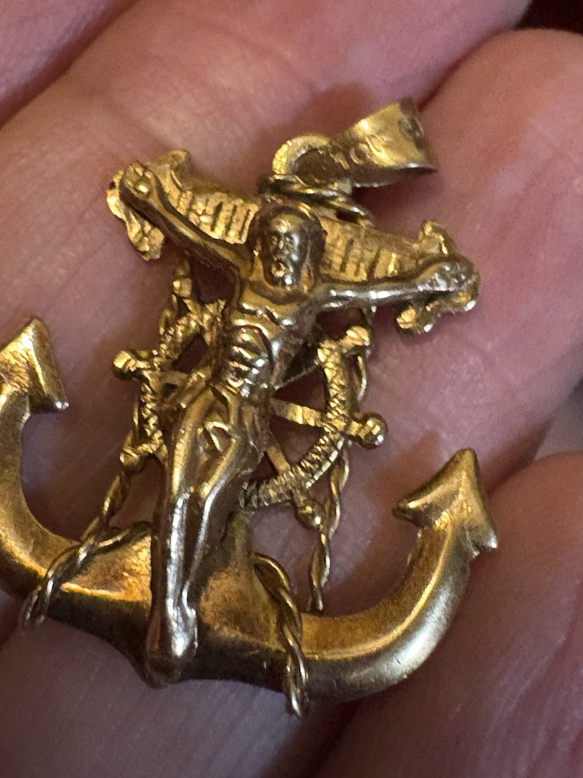 10k Solid Gold Jesus Crusifix Wheel Mariners Anchor Cross Pendant 1.25”