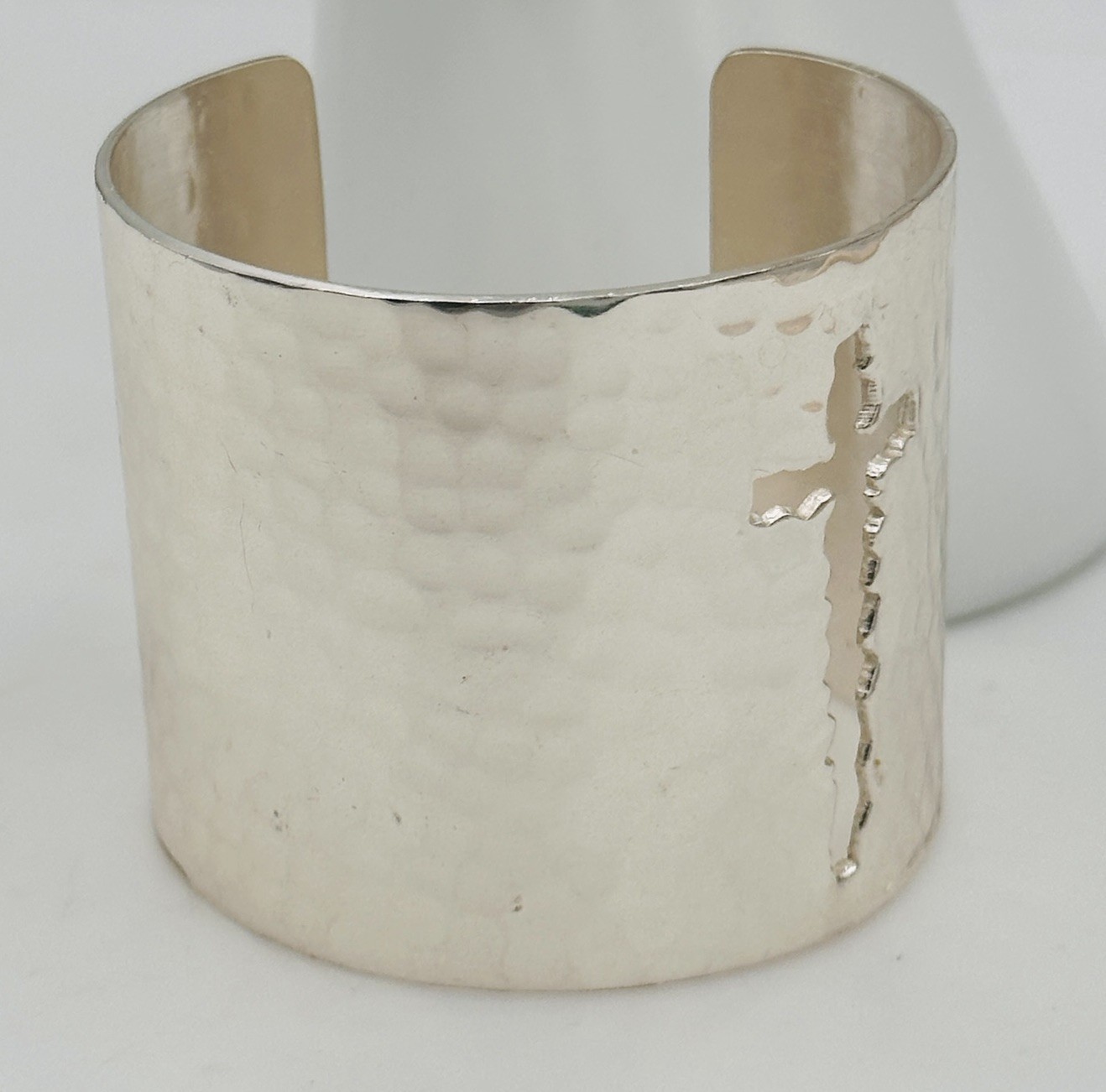 Rustic Cuff Wide Hammered Cross Cutout Silver Tone Statement Cuff Bracelet