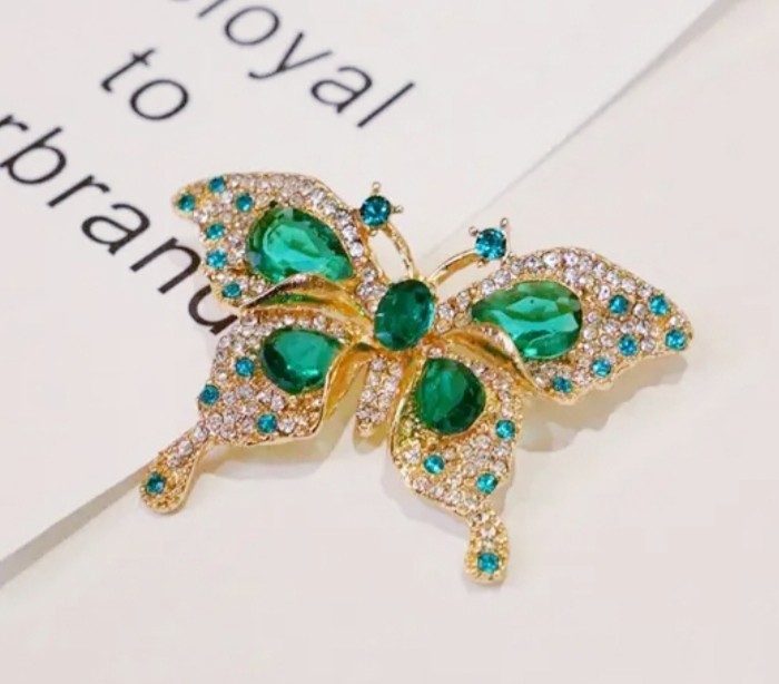 GREEN CRYSTAL & RHINESTONE VTG BUTTERFLY BROOCH PIN~MOTHER’S DAY GIFT FOR