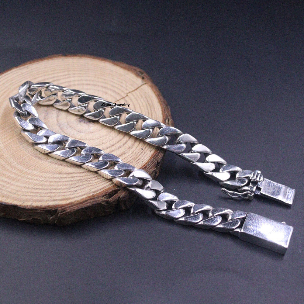 Solid S925 Sterling Silver Chain 8mm Cuban Curb Link Bracelet 34-35g 7.9inch