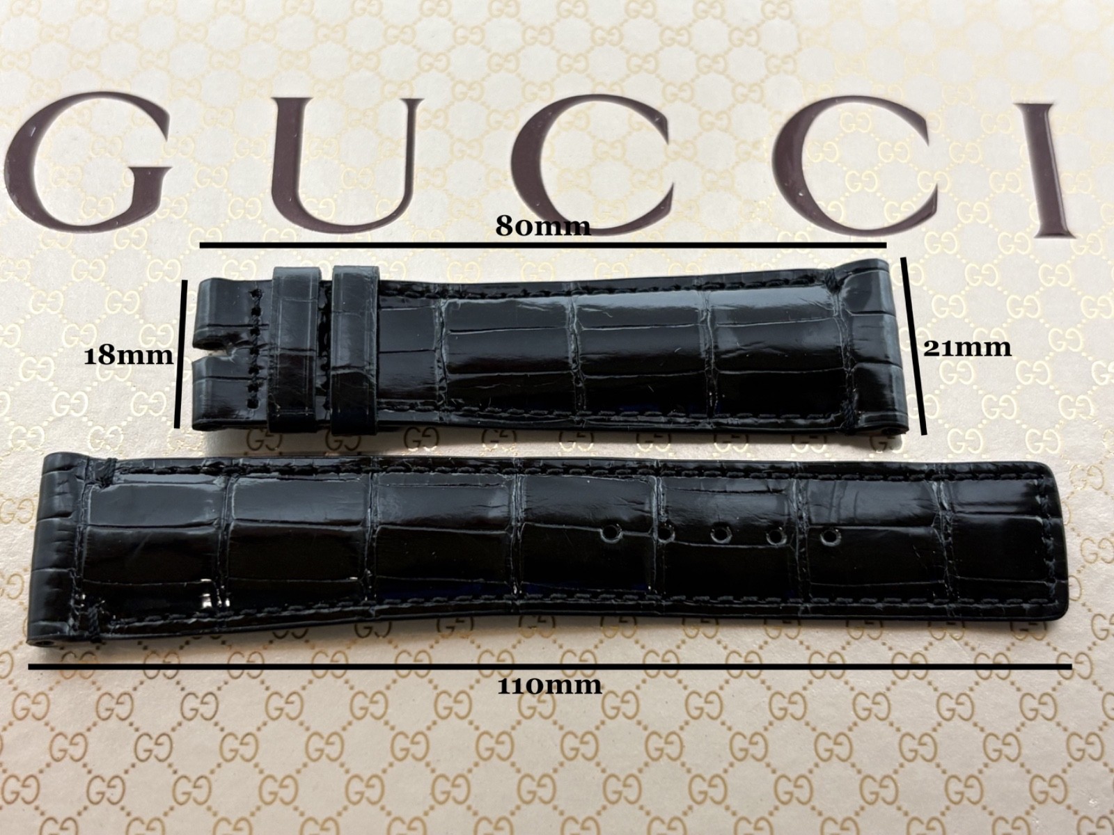 GENUINE GUCCI Alligator Glossy Black Watch Strap 21mm/18mm NEW Without Buckle