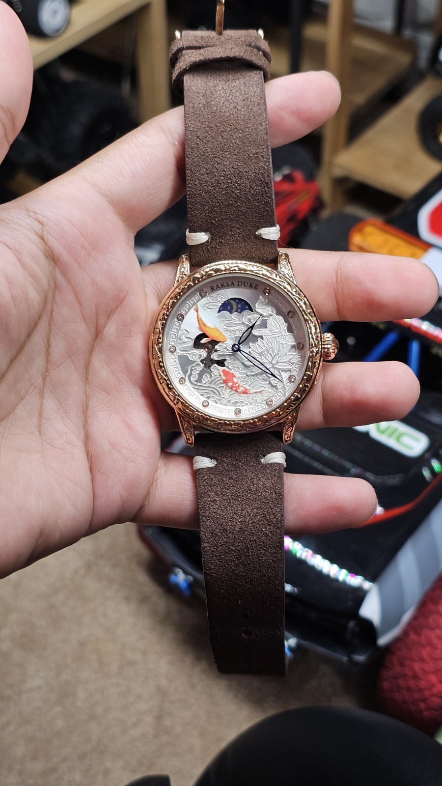 Tevise Raksa Duke T890DF Mechanical Watch 3D Koi Fish Dial, With New Suede Strap