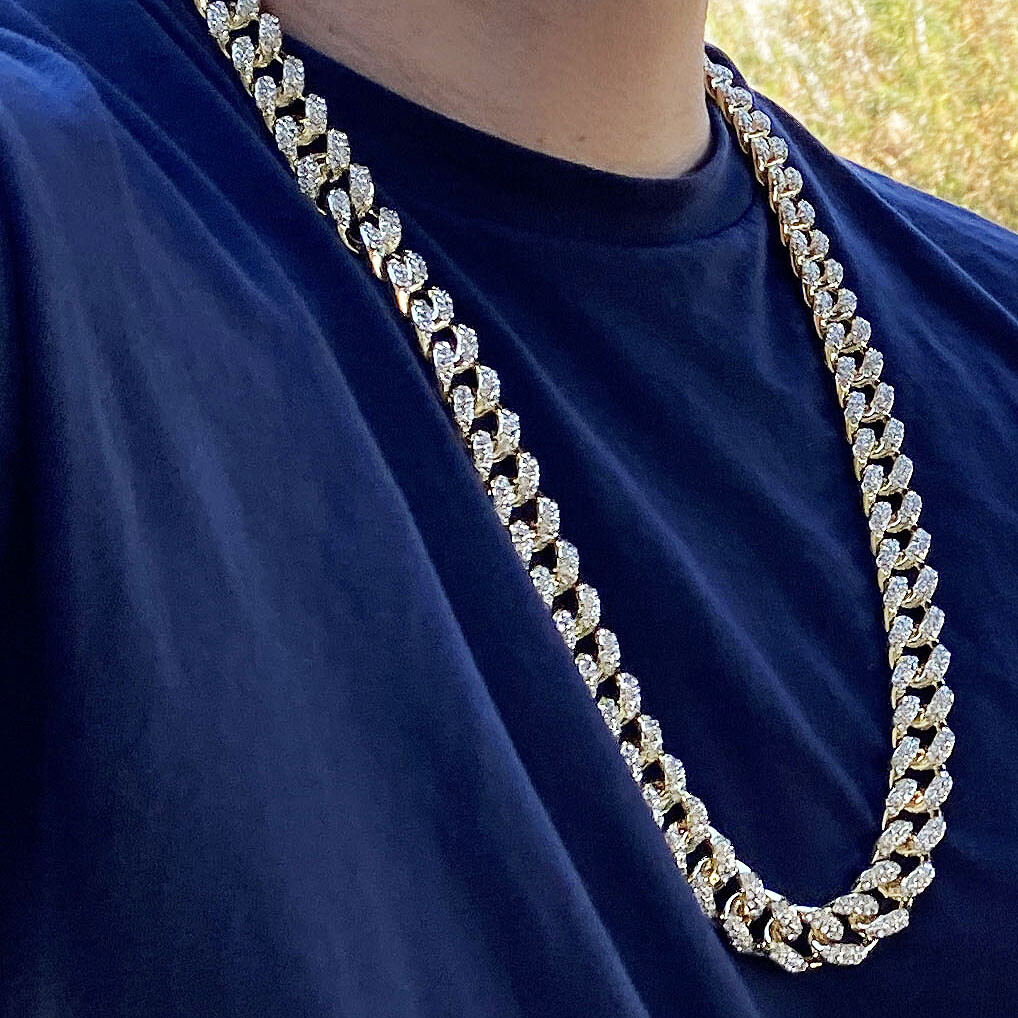 Mens 14K Gold Plated Puffed Cuban Link Iced CZ Chain Flooded Out 18″ 24″ 30″ in