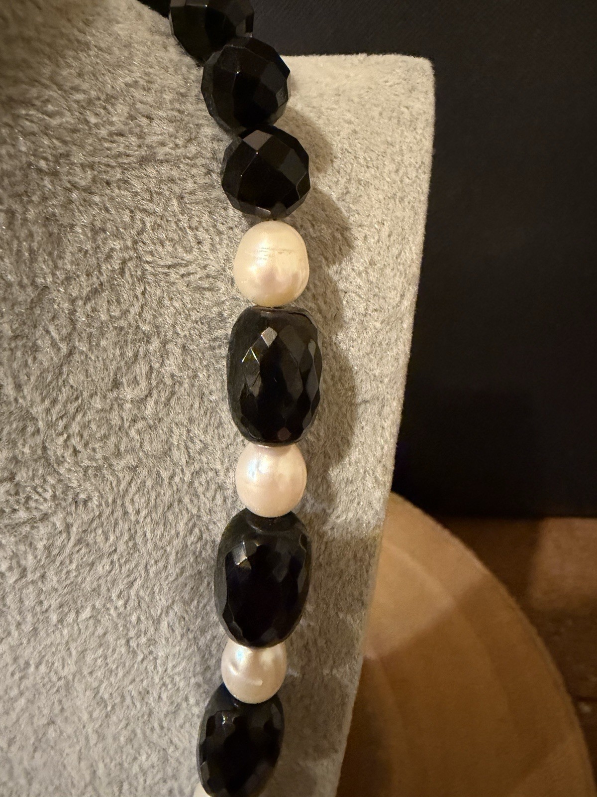 Black Onyx & White Pearl Beaded Necklace, Silver Metal, Adjustable Lobster