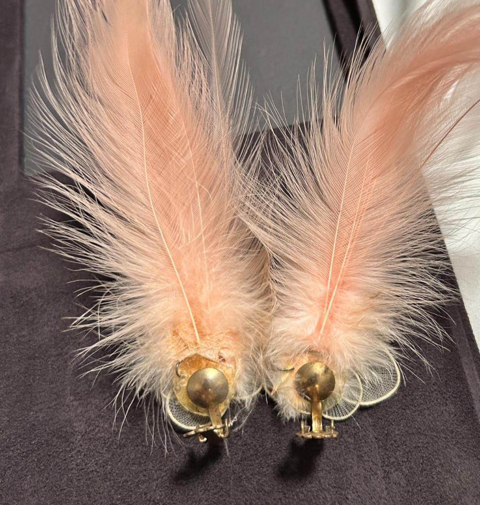 Vintage 1950’s Real Feather Butterfly Pink Special Occasion Earrings Clip-On 6″