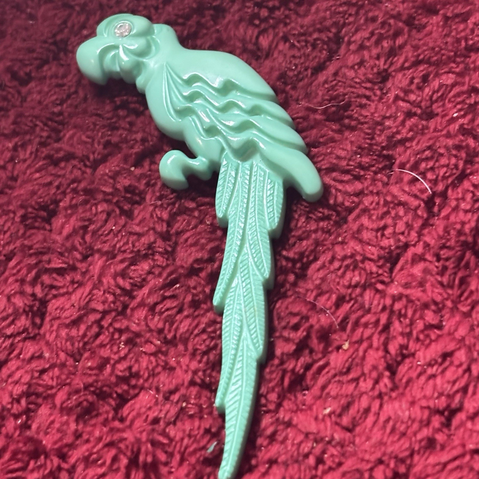 Parrot Bird Brooch Pin – Green Plastic – Rhinestone Eye West Germany – 1553 Rare