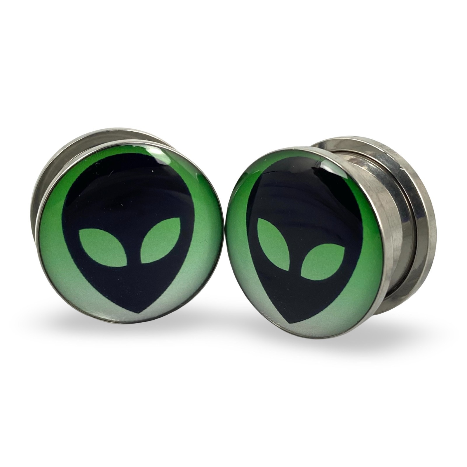 Pair of Screw on Alien Style 2 Picture Plugs gauges 16g to 1 inch