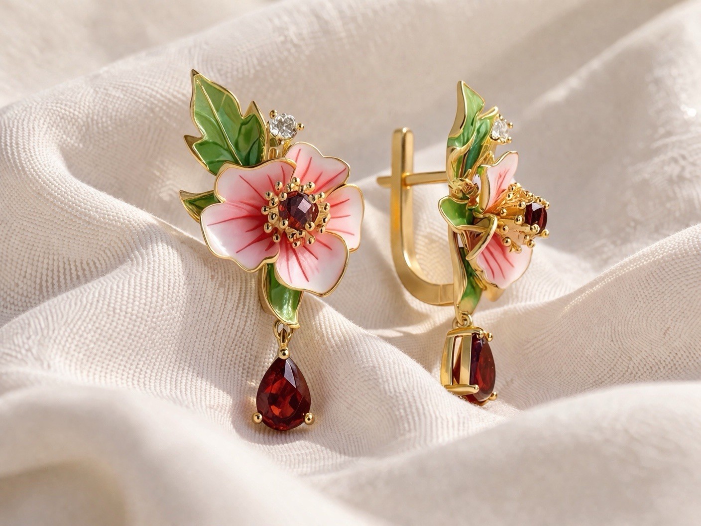 Flower Earrings Gold CZ VTG Leaf French Retro Boho Teardrop Designer Statement