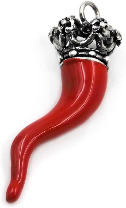 Red Cornicello Crown Pendant 800 Silver Neapolitan Lucky Horn Made in Italy