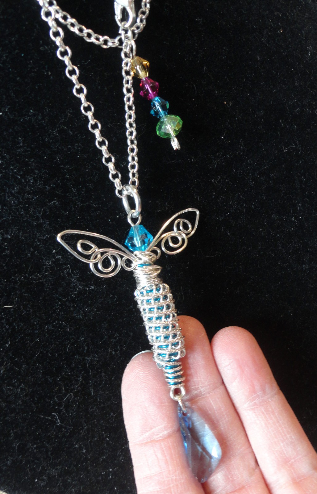 #9305 Silver/Blue Dragonfly Pendant with Swarovski Crystal Drop and Chain.