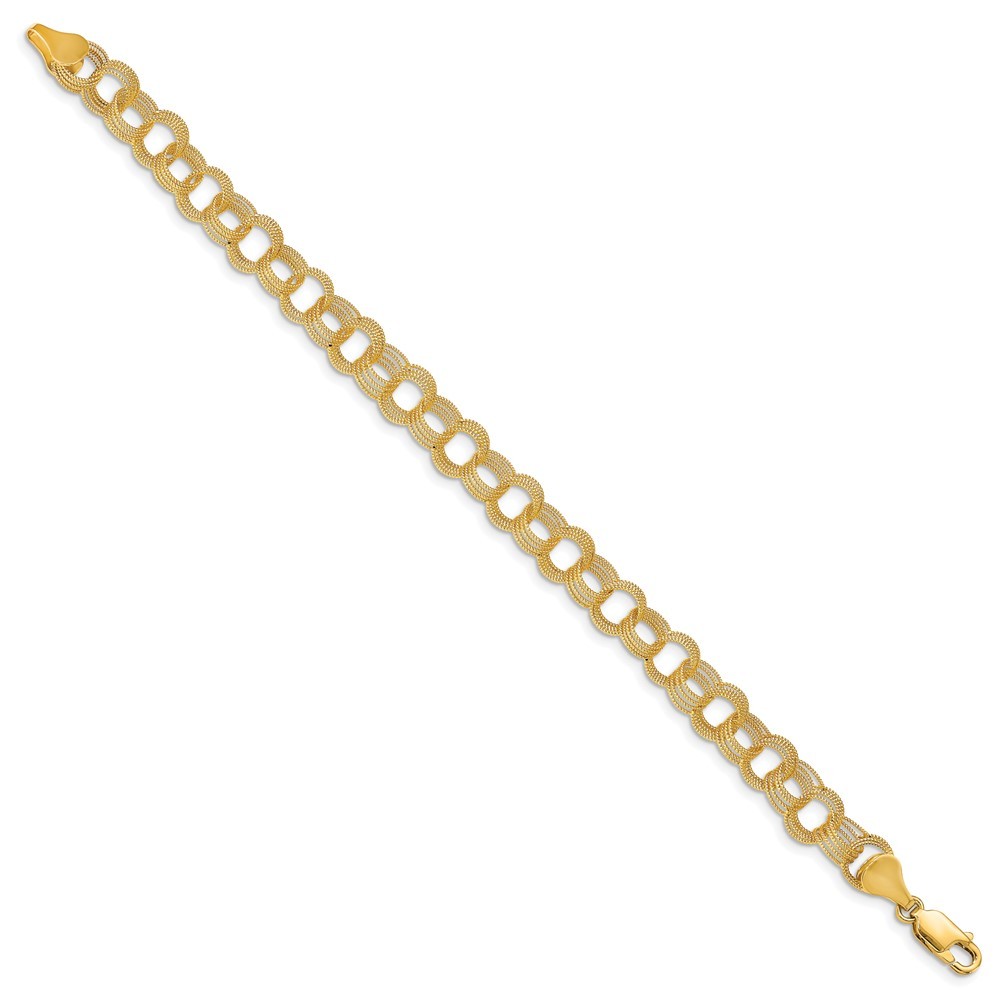 14k Yellow Gold 7mm Solid Textured Triple Link Charm Bracelet 8″
