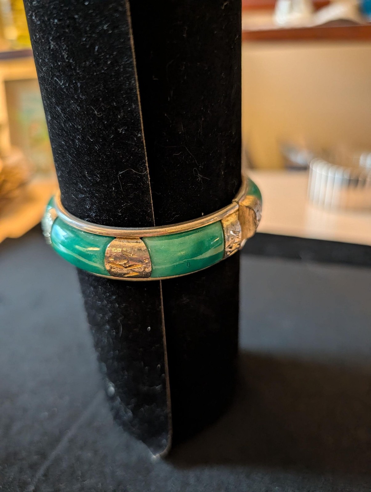 Vintage Green Lucite Hinged Bangle Bracelet Gold Tone Accents & Safety Chain