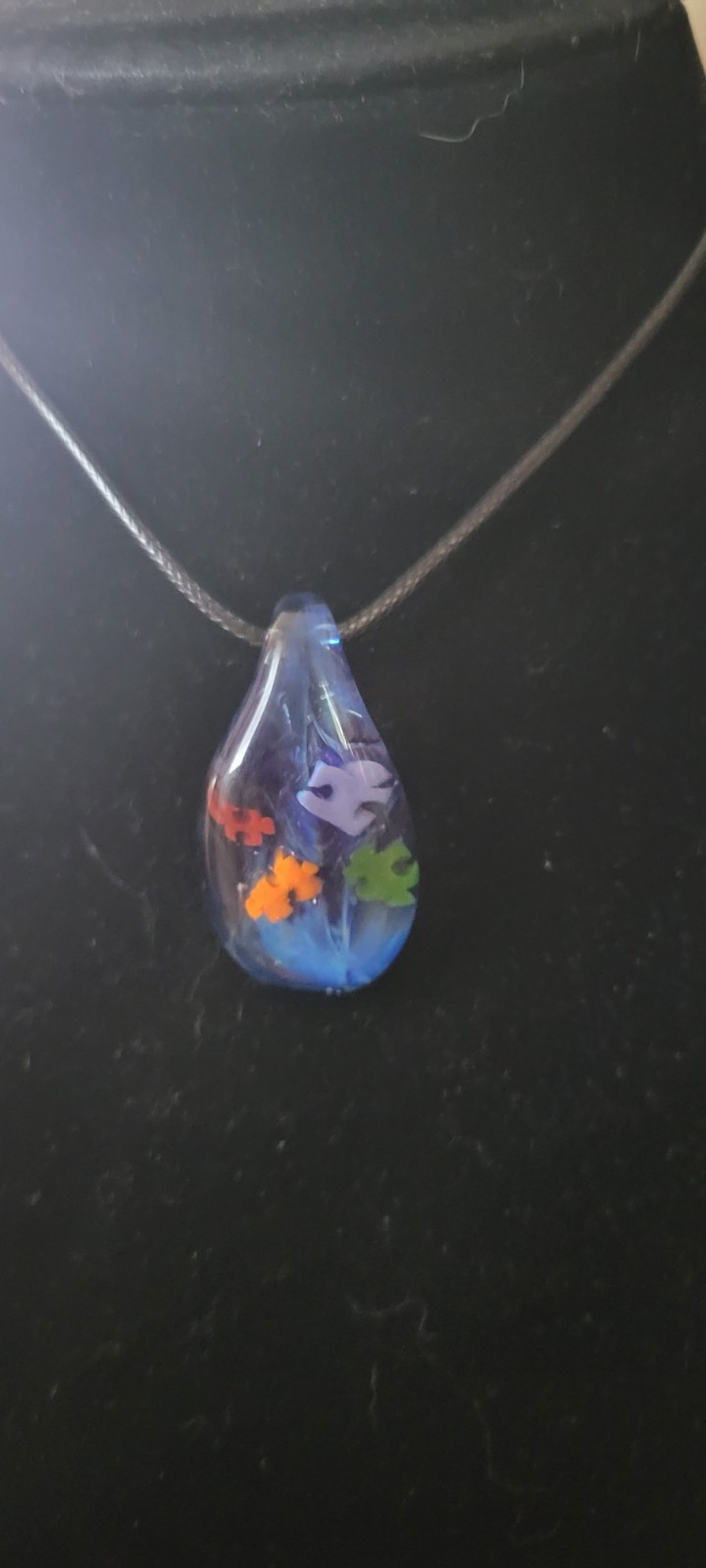 Blue Teardrop Multicolor Glass Autism Awareness Pendant Necklace, Cord, Lobster
