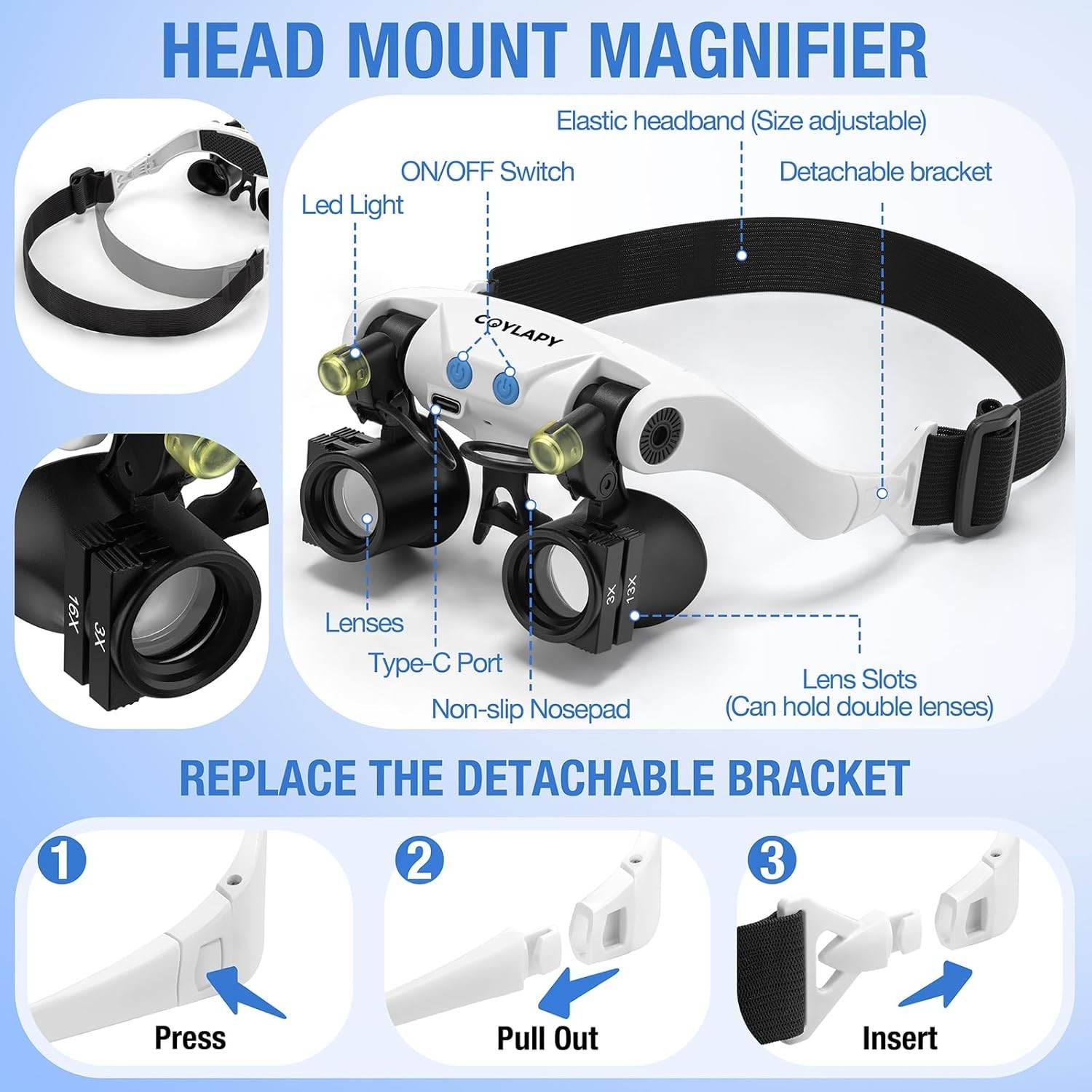 Professional Magnifying Glasses with Light & 5 Lens Pairs for Close Work