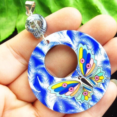 Blue Acrylic Round Butterfly&Blue Crystal Snail Pendant & Streling Silver Chain