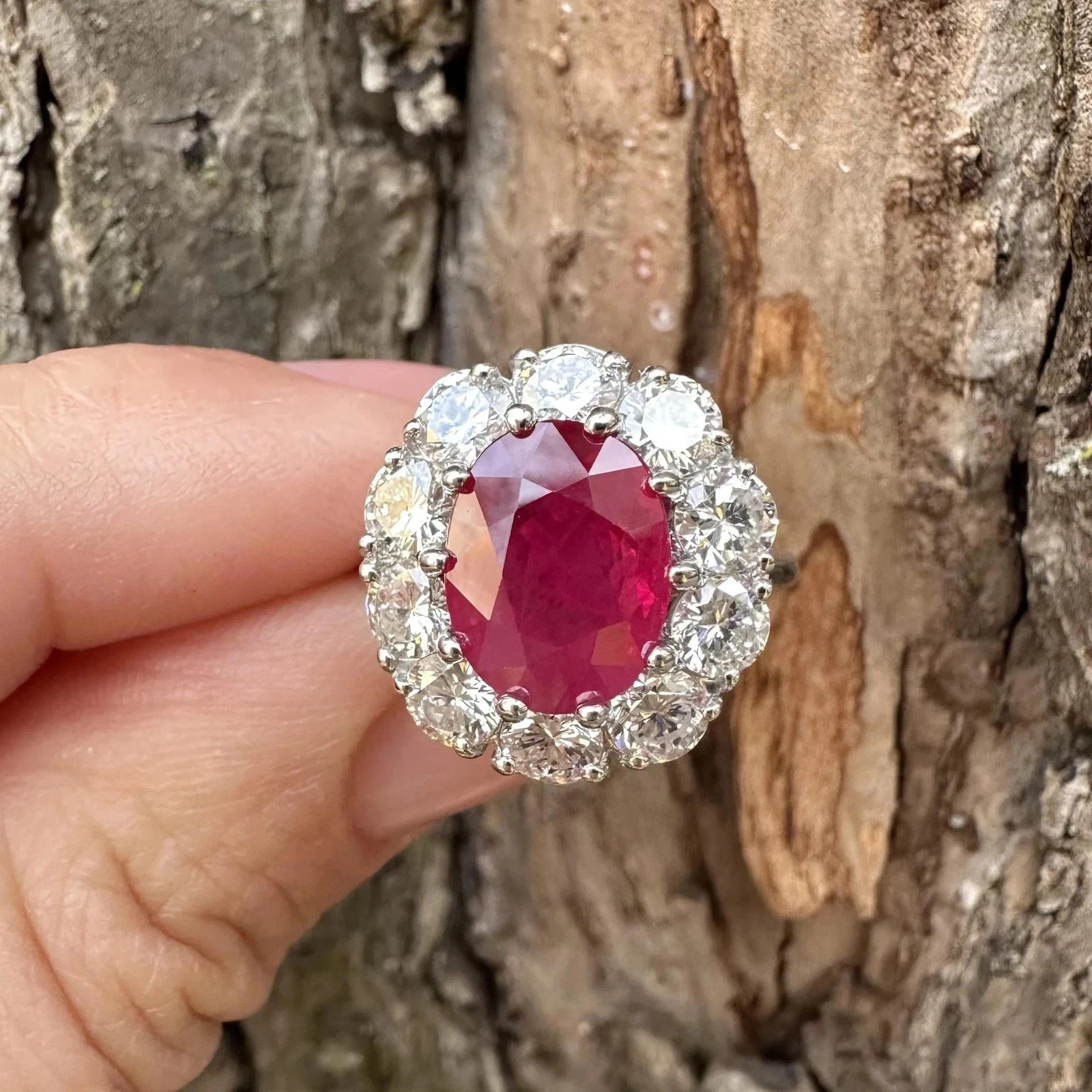 Natural Red Ruby & Diamond Wedding Ring 14K White Gold Oval Cut 6.45 Cts Size 7