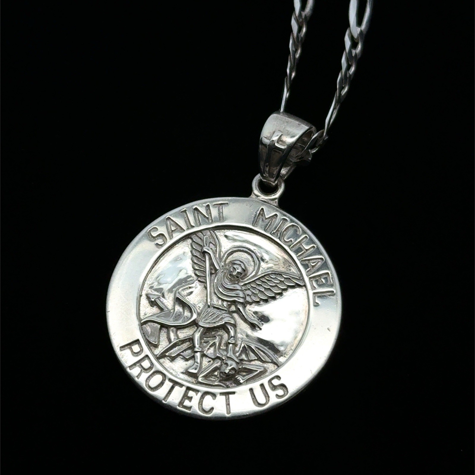 Peter Stone Saint Michael Sterling Silver Pendant On 20” Figaro Necklace, 21.5g