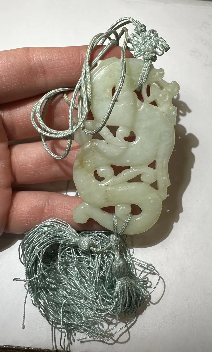 Carved Green Serpentine Jade Color Chinese Dragon Cord 28″ Necklace DA5