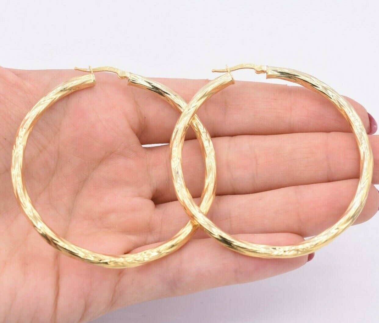 2 3/8″ 60mm Twisted Diamond Cut Hoop Earrings 14K Yellow Gold-Plated Silver