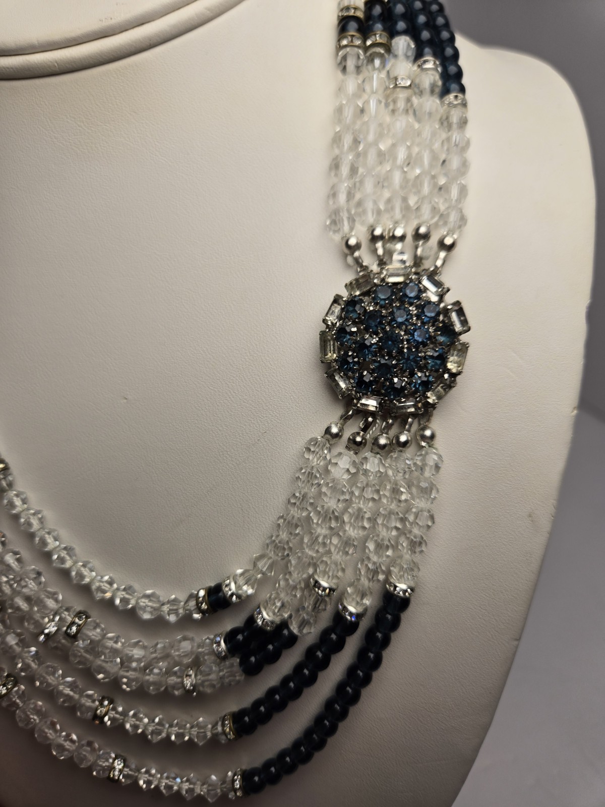 Stunning Vintage Signed Hobe 1965 Five strand Blue & Clear Crystal Necklace