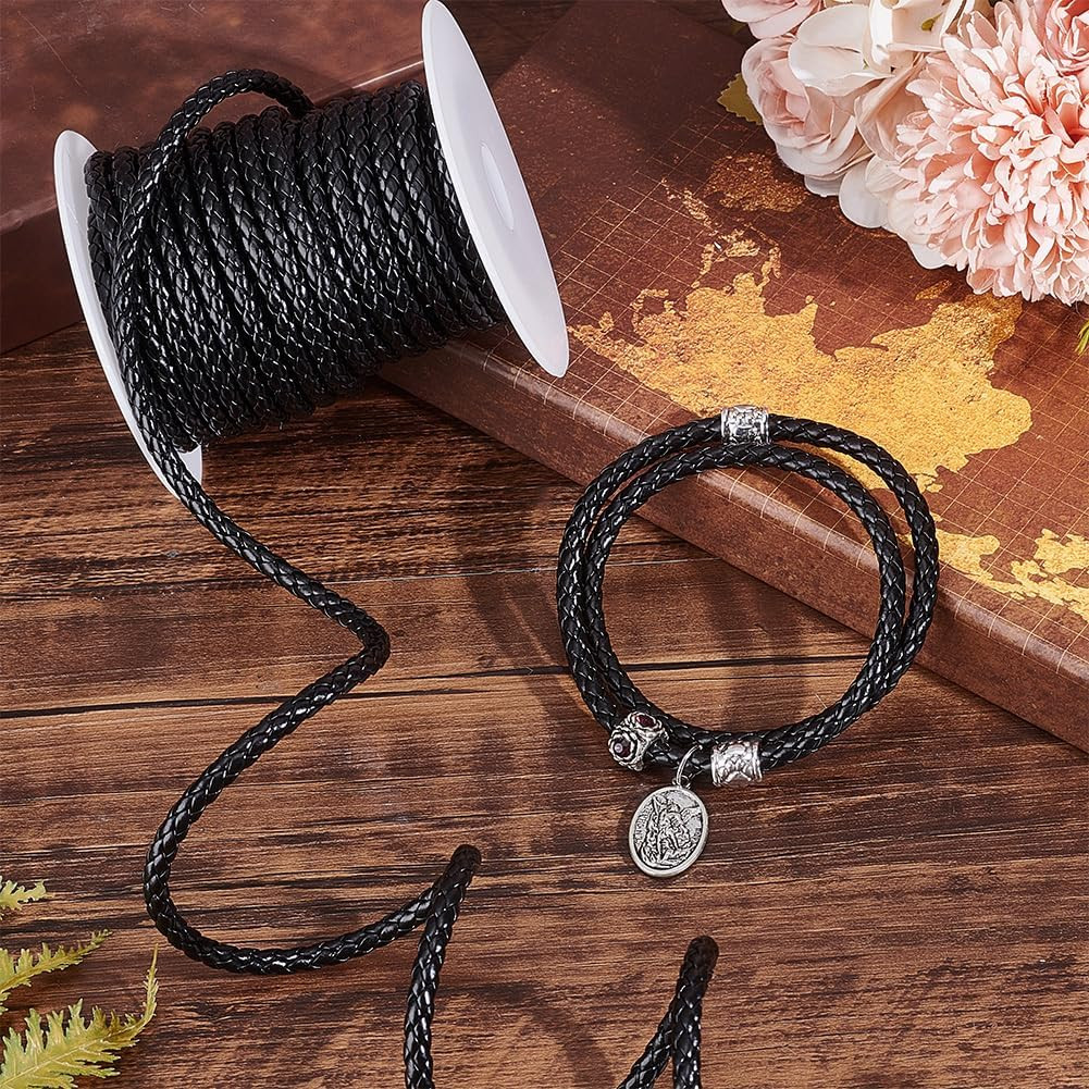 10.9 Yards Braided Leather Cord 5Mm round PU Leather Strap Black Leather String