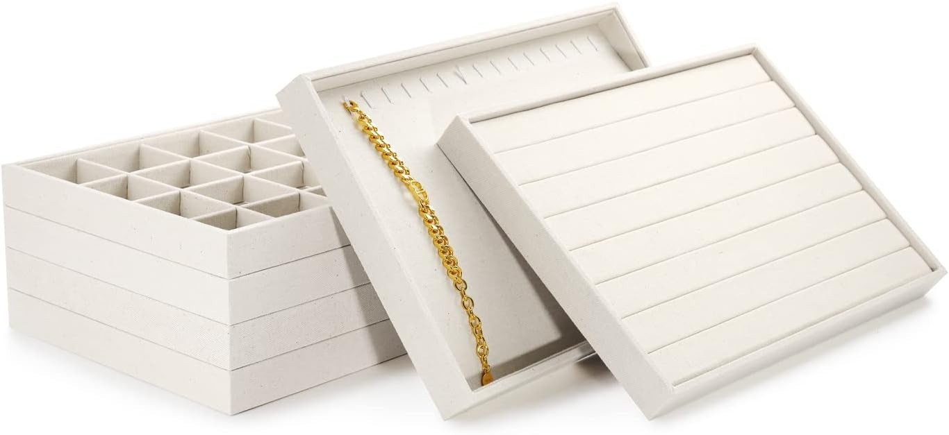 Elegant Linen Jewelry Tray – Stackable Jewelry Organizer for Dresser | 13.8″L