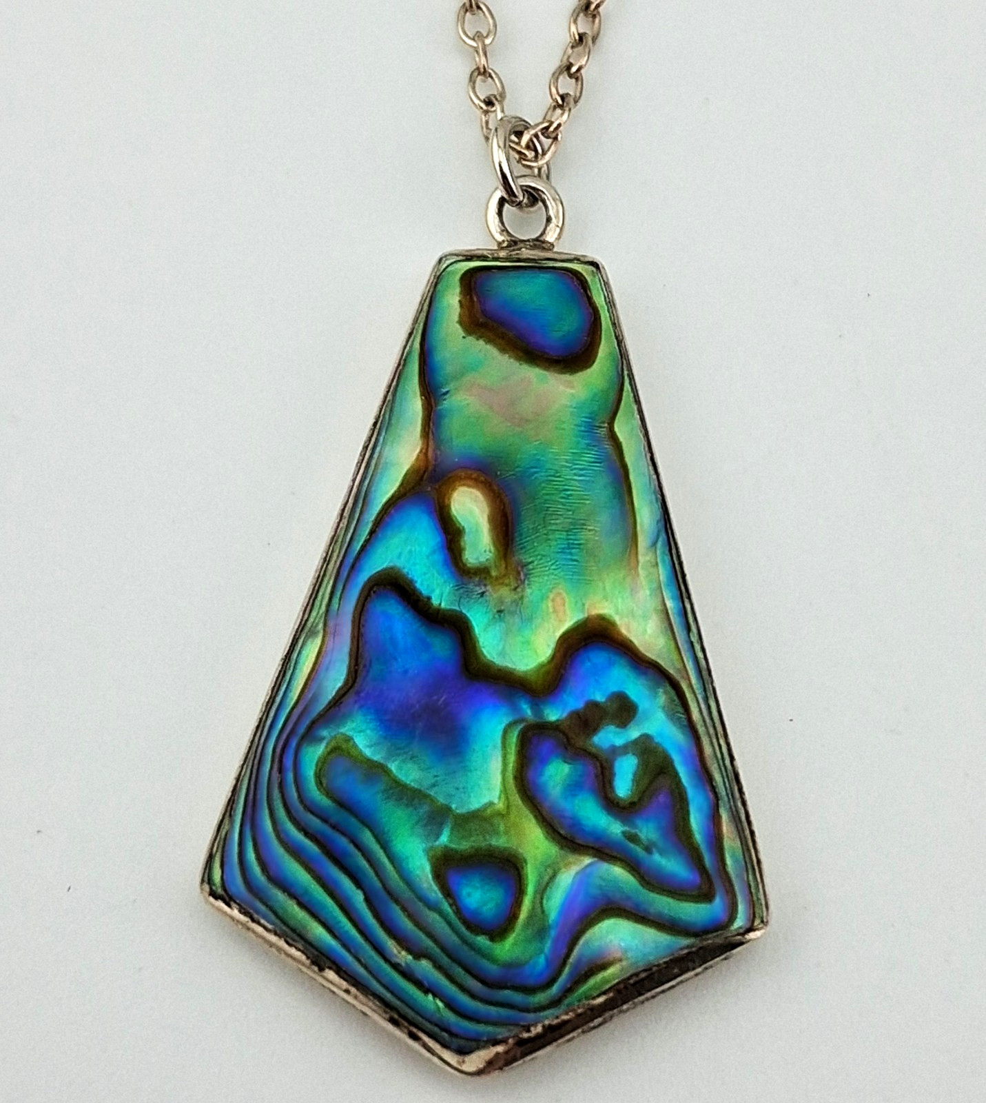 Vintage New Zealand Paua Abalone Shell Sterling Silver Pendant On 17″ 925 Chain