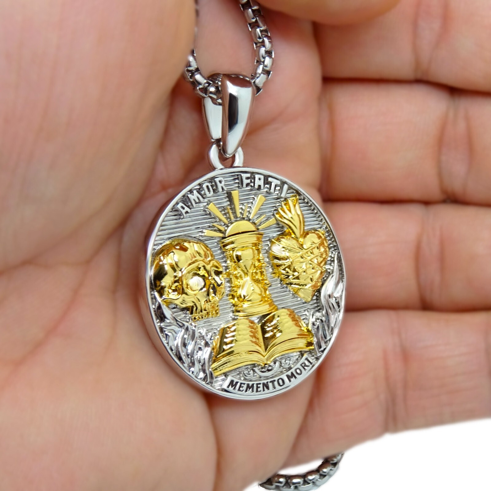 Stoic Medallion Brass Pendant Memento Mori Necklace Amor Fati Gold Plated