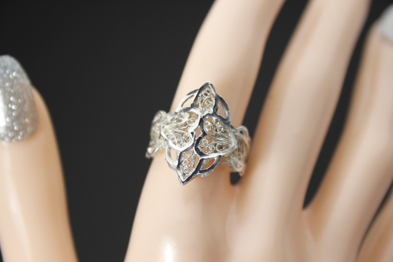 925 Sterling Silver Artisan Marquise Filigree Heart Size 8.75 Ring 3.2g(RIN9703)