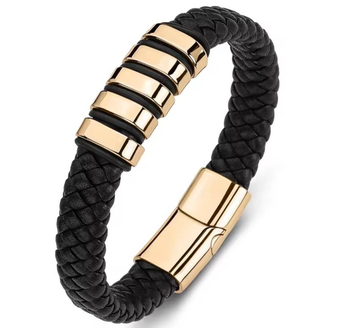 Men’s Genuine Leather Bracelet Stainless Steel Custom Engravings Jewelry