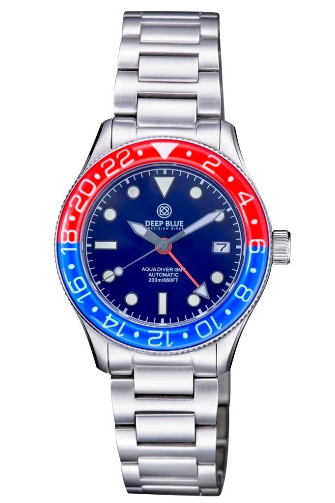 DEEP BLUE AQUA DIVER GMT AUTOMATIC 40MM SAPPHIRE BEZEL BRACELET DIVER NEW