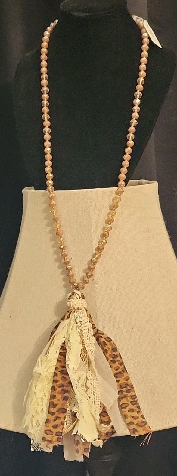 Brown Beige Beaded Ball Chain Necklace Leopard Print Lace Tassel Pendant