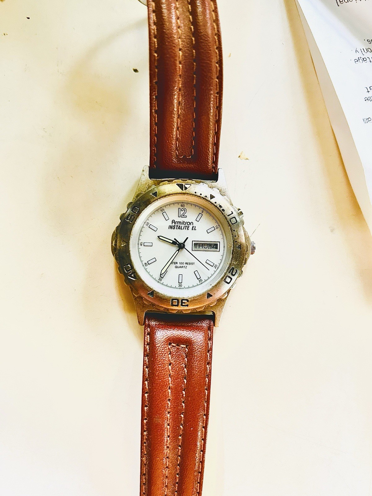Armitron Instalite EL Quartz Analog Day/Date 100m Brown Leather Strap Watch
