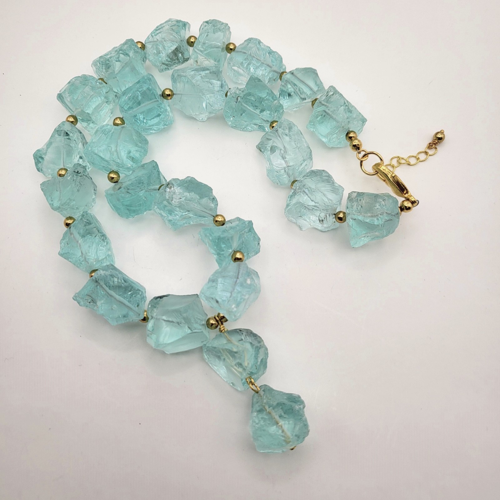 Blue Aqua Aquamarine Nugget Statement Necklace, March Birthstone, Gold 18″