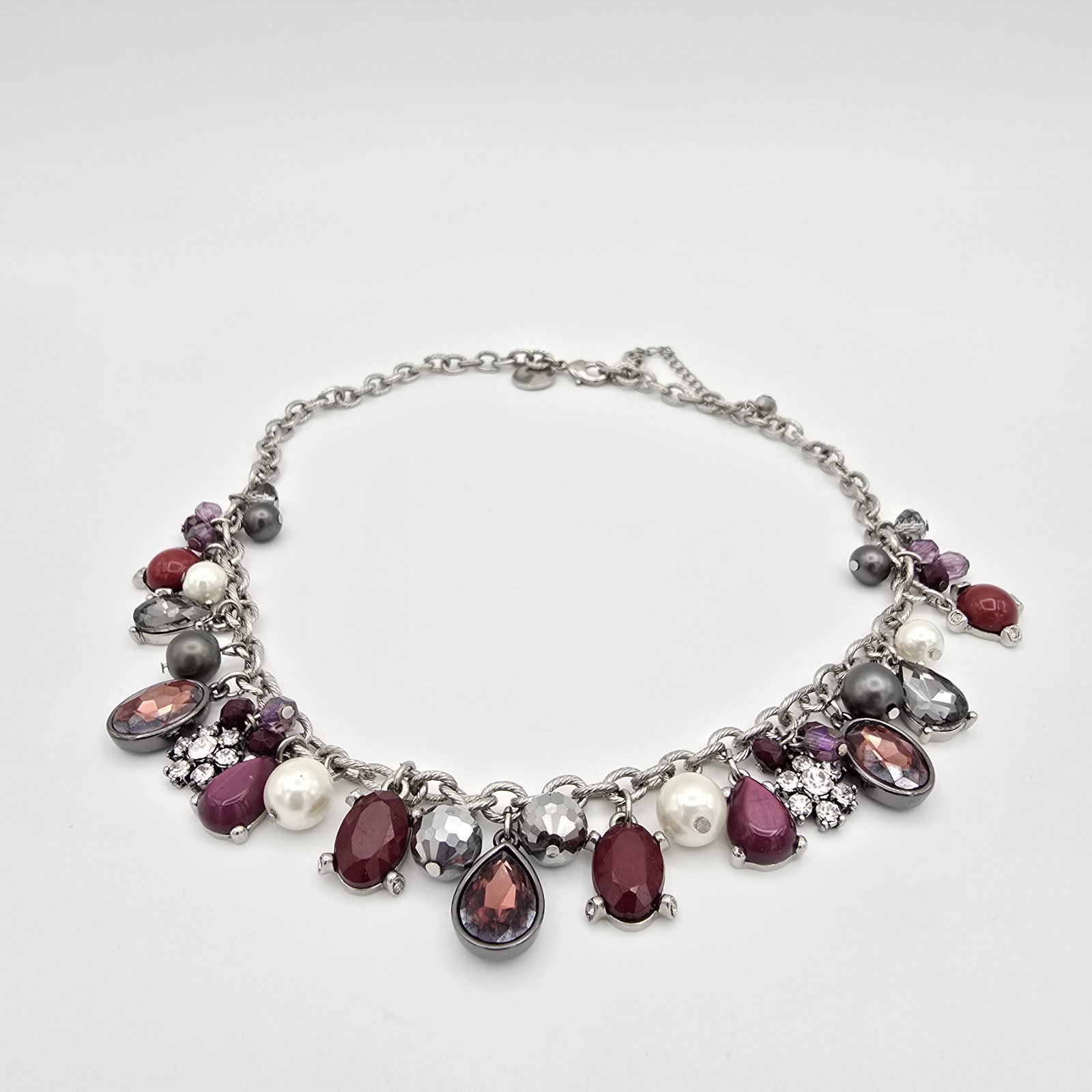 White House Black Market Red Rhinestone & Faux Pearl Necklace Purple Gray White