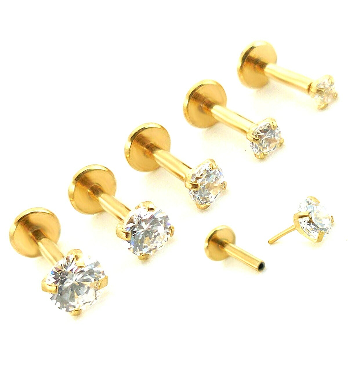 3PC 20g 18g 16g Flatback Threadless Gold Steel Labret Earrings Tragus Helix Nose