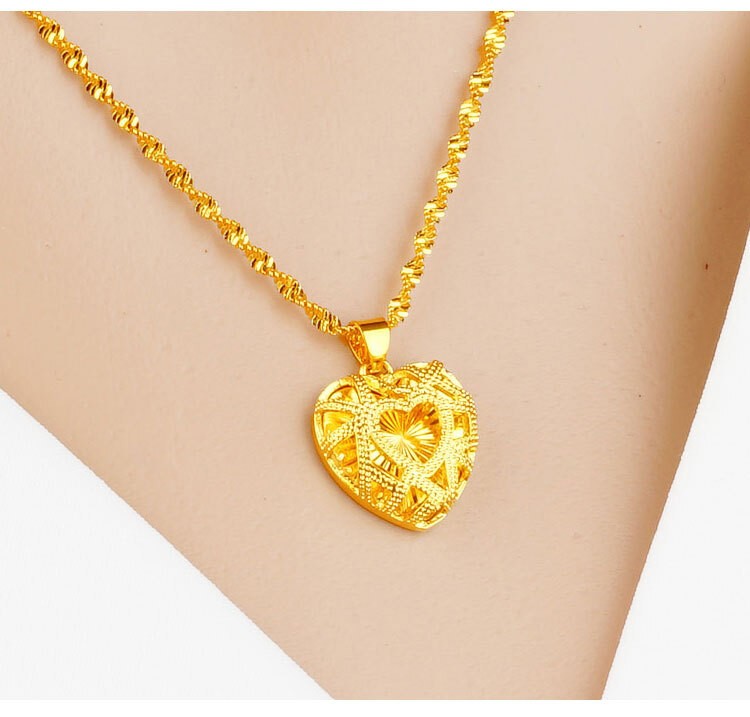 Women Hollow Heart Necklace 22k 23k 24k Thai Baht Yellow Gold Gp Necklace