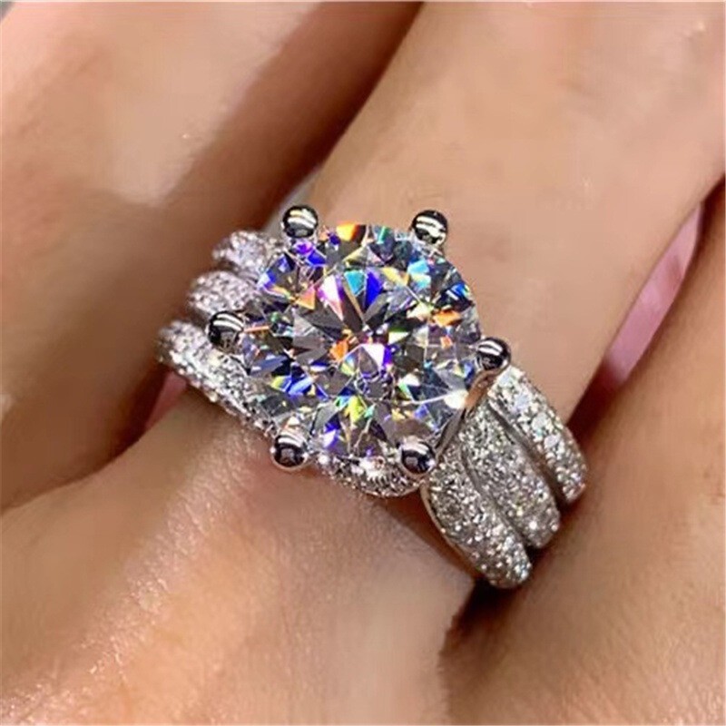 5 Carat Round Cut Moissanite Engagement Wedding Ring Real S925 Sterling Silver