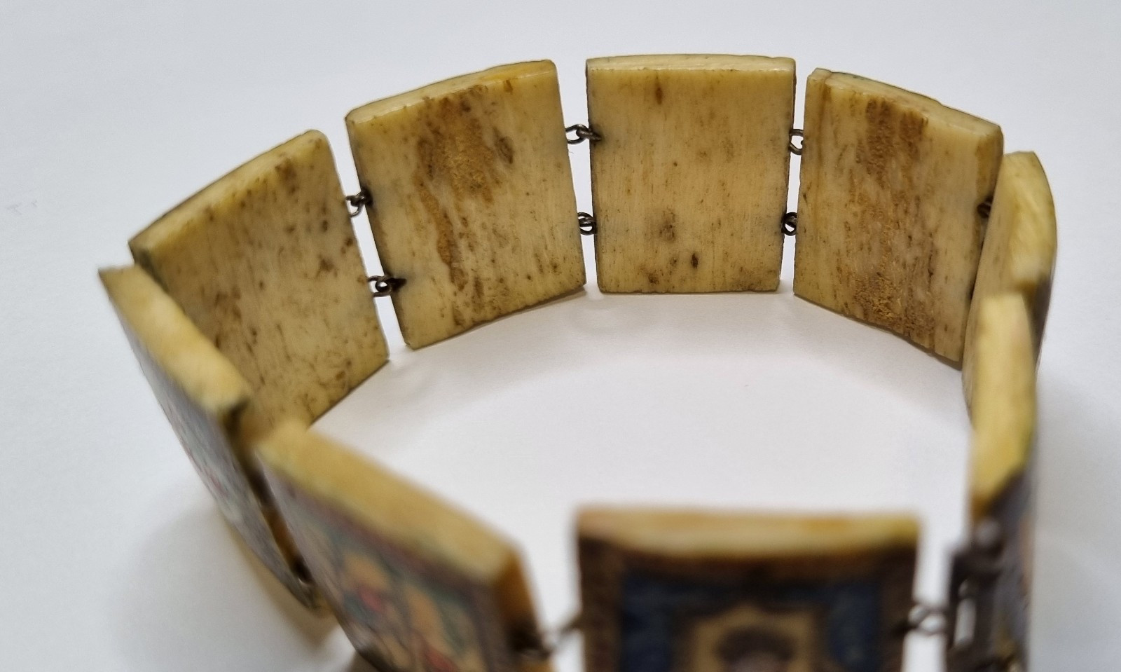 Antique Eastern European Folk Art Bone Panel Bracelet, Sterling Silver, c.1900