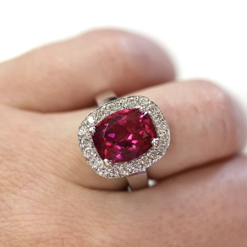 5Ct Cushion Cut Natural Pink Tourmaline &Diamond 14K White Gold Luxurious Ring