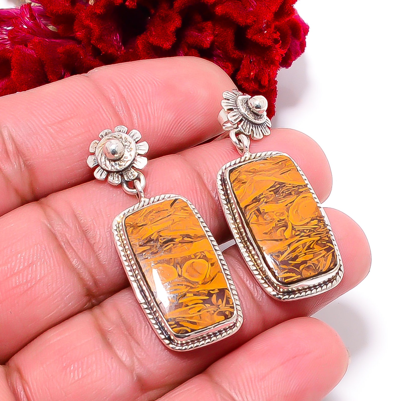 Natural Mariam Jasper Designer Handmade 925 Sterling Silver Earring 1.56″ E98951