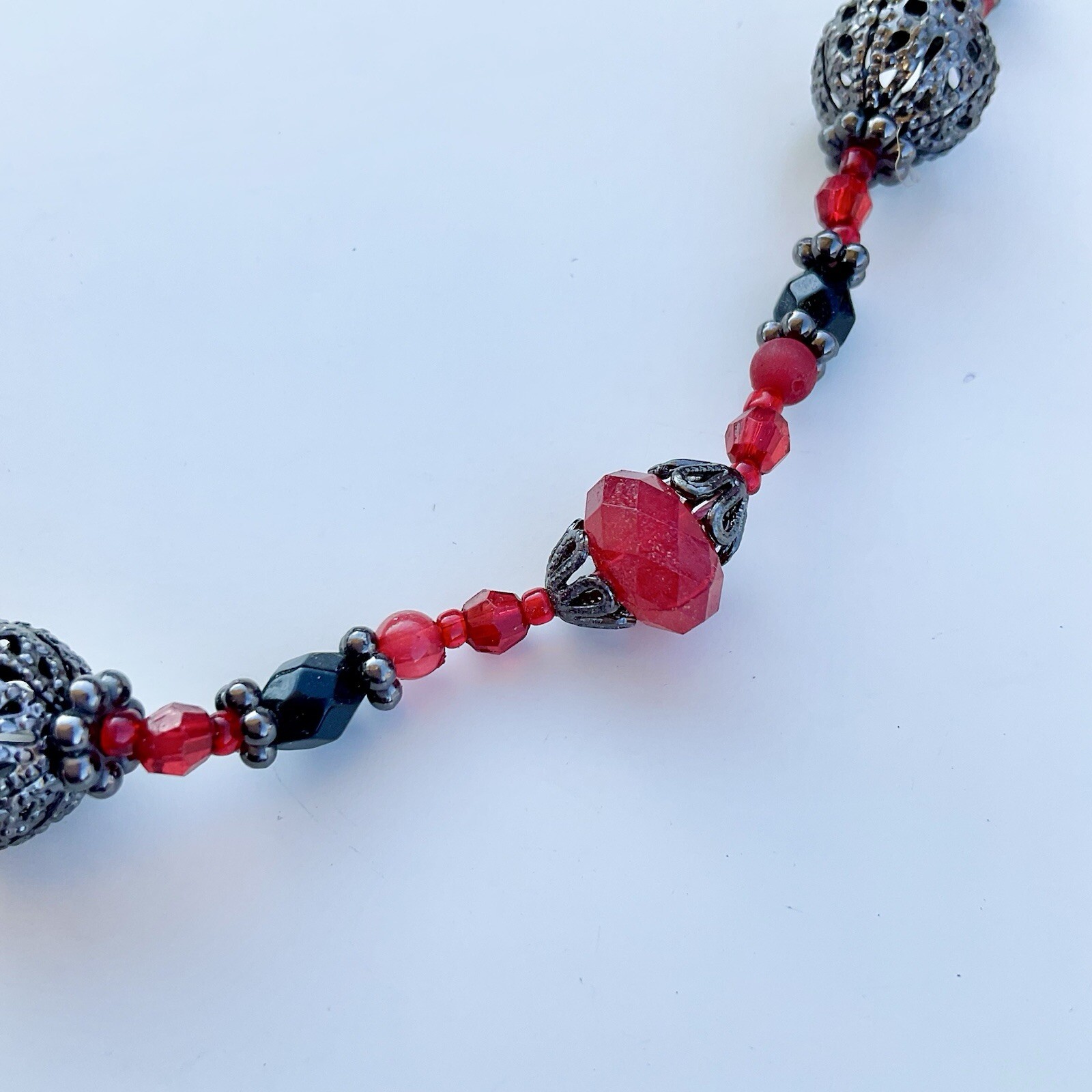 1928 Jewelry Red & Black Ornamental Beaded Necklace, 19” Adjustable