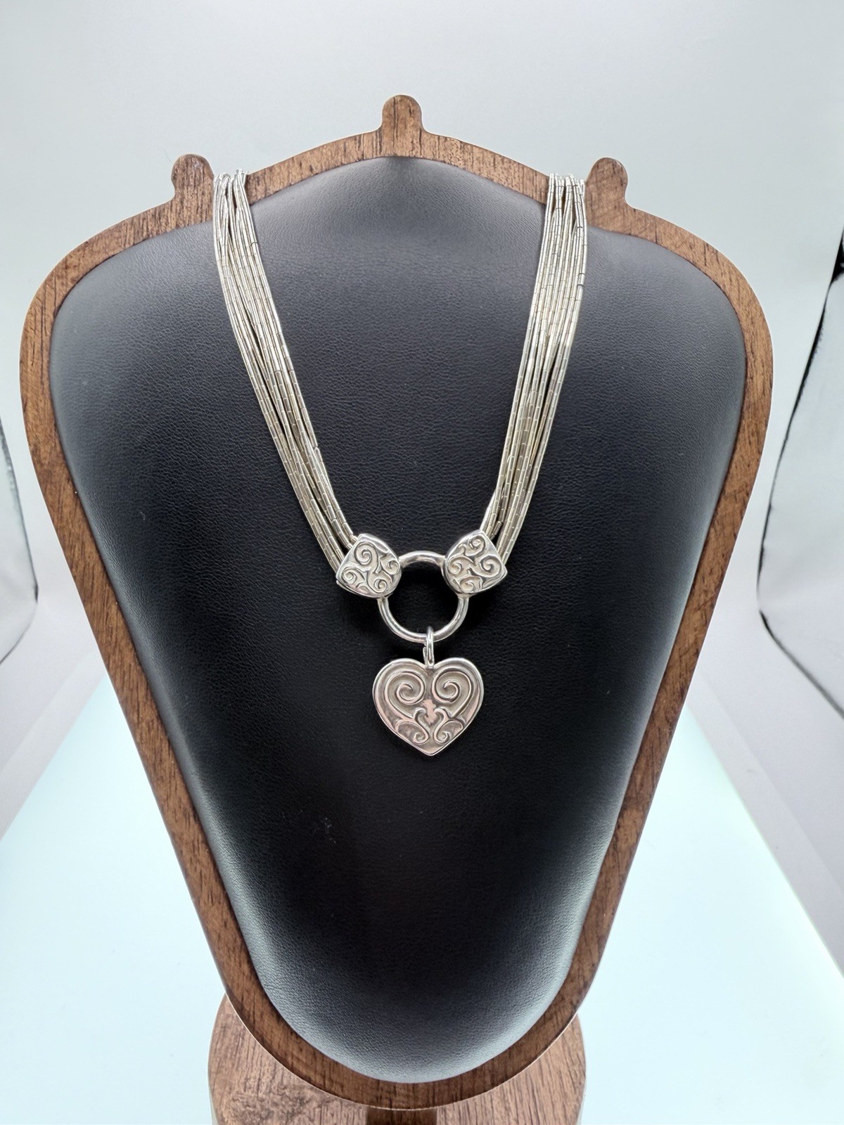 Signed S 925 Sterling Silver 8 Strand Liquid Silver Heart Necklace 17in+3in