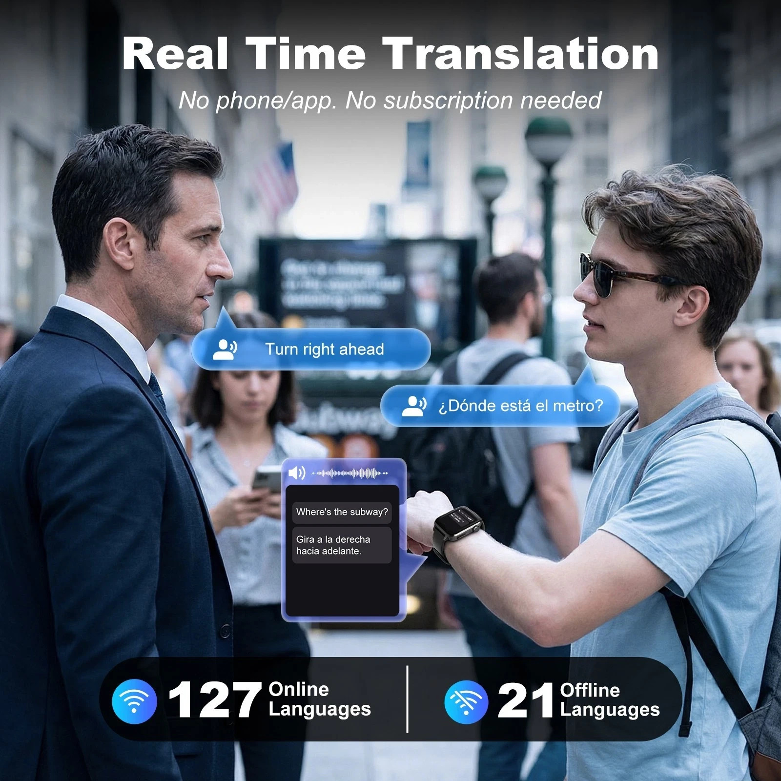 iTour AI Translator Smart Watch, Real Time Language Translator 127 Languages
