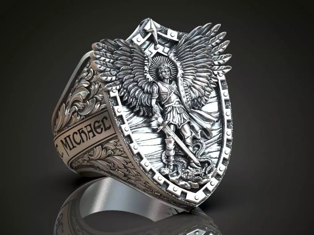 Saint Archangel Michael Dragon Wings & Inscription 925 Silver Statement Rings