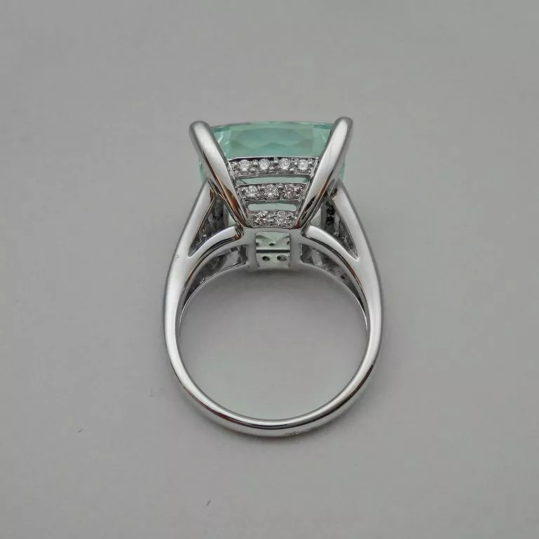 19.89 Carat Square Aquamarine & Crilliant Cut CZ Solitaire 925 Silver Women Ring