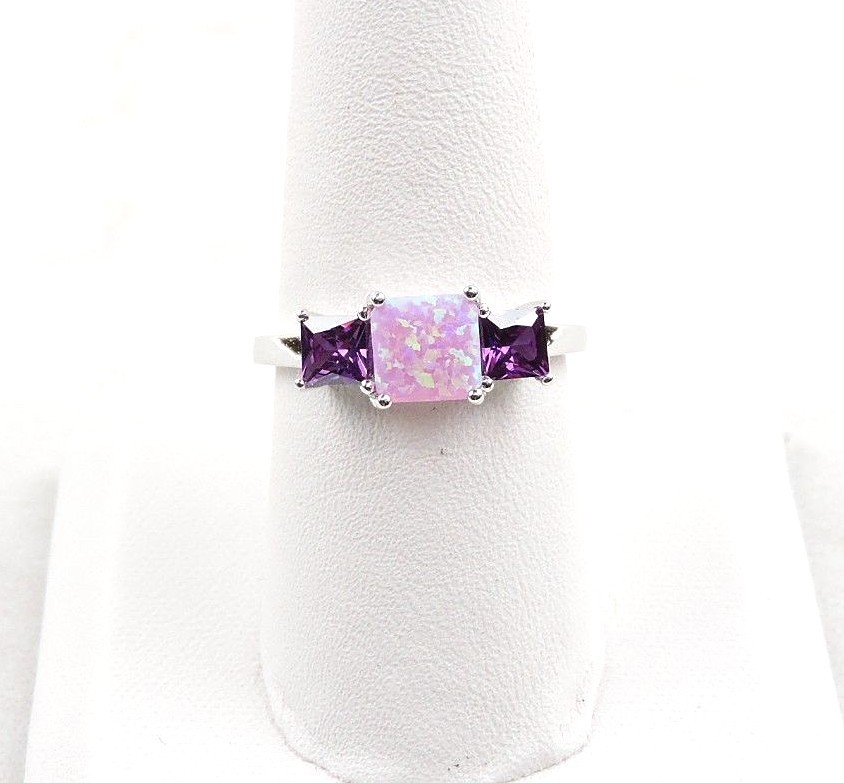 Sterling Silver 2.25 cttw Pink Opal And Purple Cubic Zirconia 3 Stone Ring