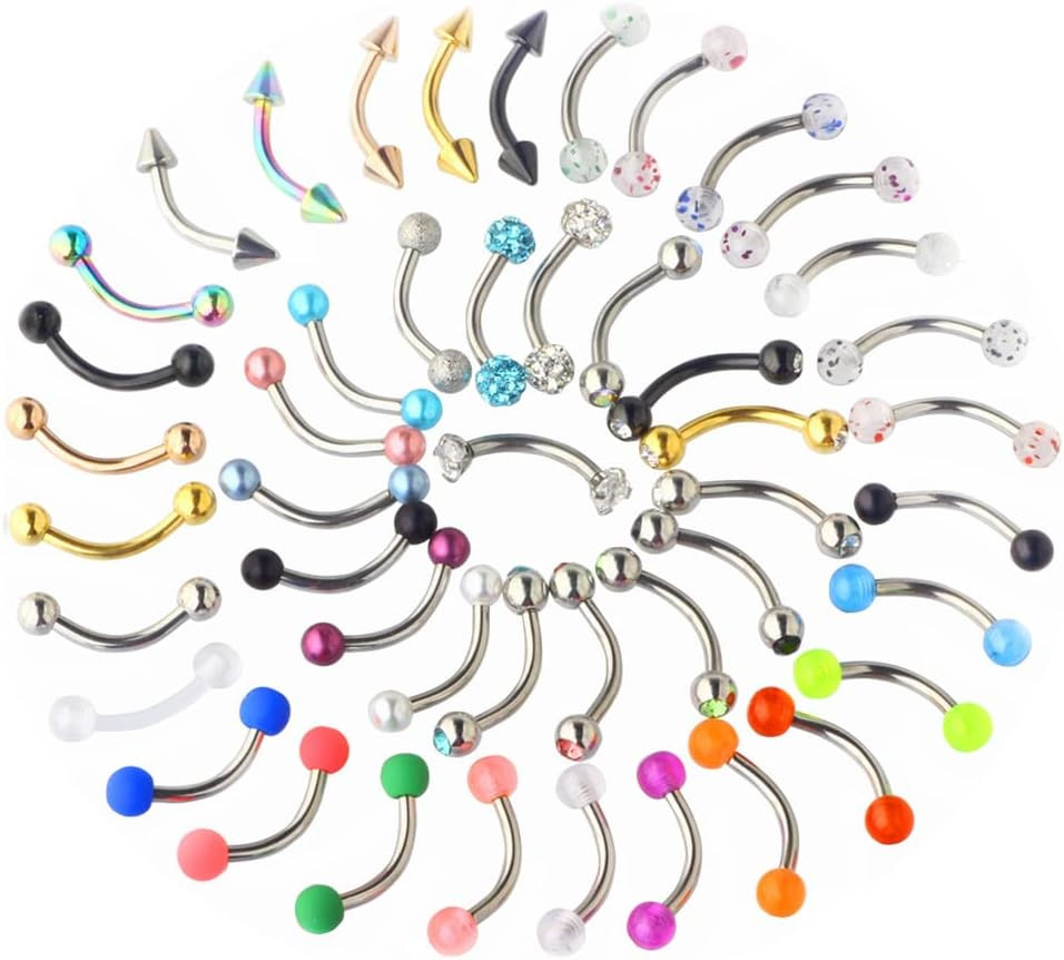 47Pcs 16G Stainless Steel Eyebrow Piercing Rings Clear CZ Curved Barbell Helix D